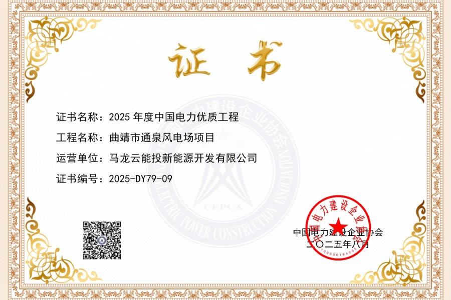 喜訊！通泉風(fēng)電場(chǎng)獲評(píng) 中國(guó)電力優(yōu)質(zhì)工程